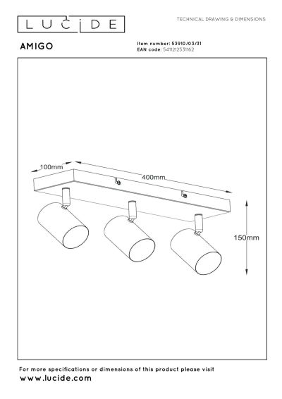 Lucide AMIGO - Ceiling spotlight - 3xGU10 - White
